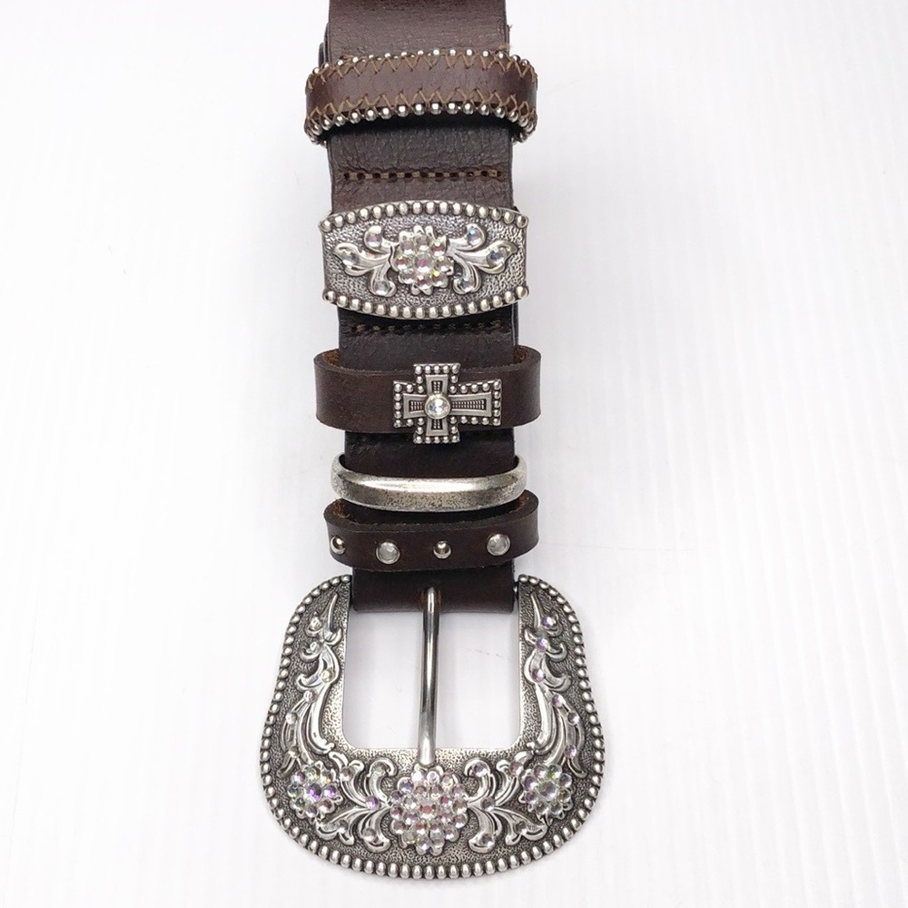 Western Rhinestone Leather Belt - Picture 3 of 7